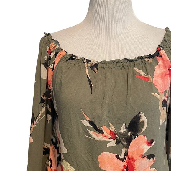 White House Black Market Floral Off-Shoulder Blouse - Green and Pink - Picture 3 of 11